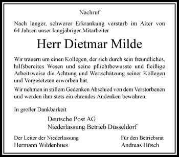 Traueranzeige von Dietmar Milde von trauer.extra-tipp-moenchengladbach.de