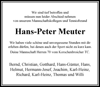 Traueranzeige von Hans-Peter Meuter von trauer.extra-tipp-moenchengladbach.de