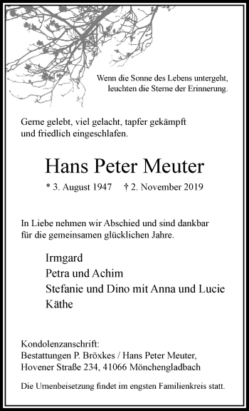 Traueranzeige von Hans Peter Meuter von trauer.extra-tipp-moenchengladbach.de