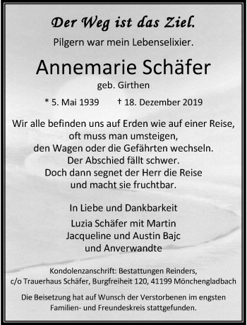 Traueranzeige von Annemarie Schäfer von trauer.extra-tipp-moenchengladbach.de