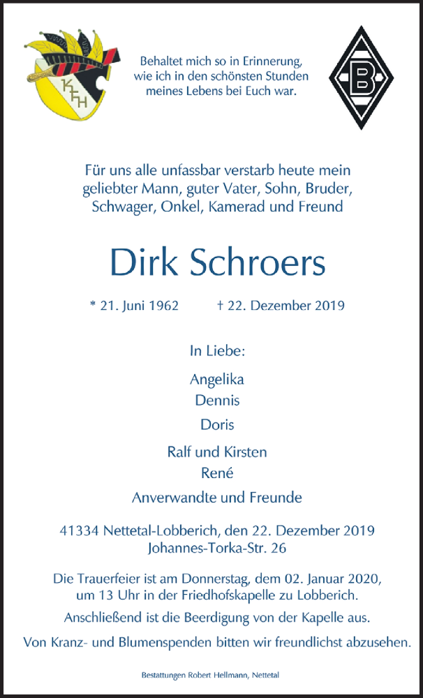  Traueranzeige für Dirk Schroers vom 29.12.2019 aus trauer.extra-tipp-moenchengladbach.de