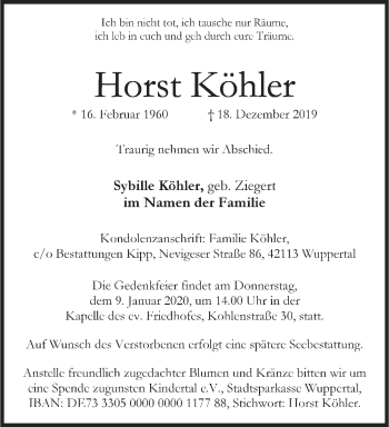 Traueranzeige von Horst Köhler von trauer.wuppertaler-rundschau.de