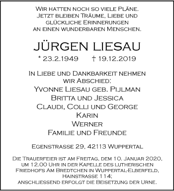 Traueranzeige von Jürgen Liesau von trauer.wuppertaler-rundschau.de