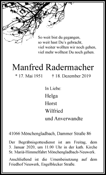 Traueranzeige von Manfred Radermacher von trauer.extra-tipp-moenchengladbach.de