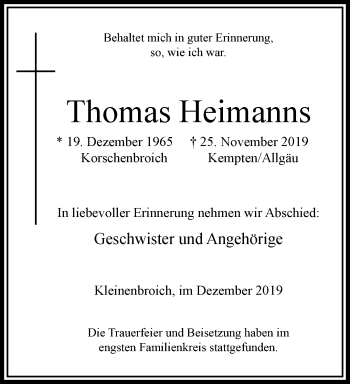 Traueranzeige von Thomas Heimanns von trauer.extra-tipp-moenchengladbach.de