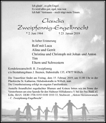 Traueranzeige von Claudia Zweipfennig-Engel von trauer.extra-tipp-moenchengladbach.de