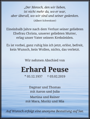 Traueranzeige von Erhard Peuse von trauer.wuppertaler-rundschau.de