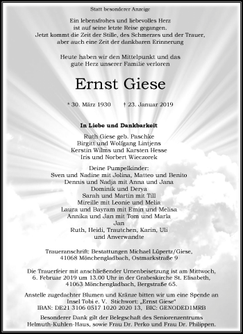 Traueranzeige von Ernst Giese von trauer.extra-tipp-moenchengladbach.de