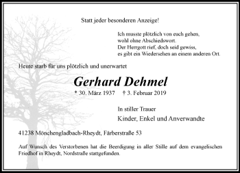 Traueranzeige von Gerhard Dehmel von trauer.extra-tipp-moenchengladbach.de