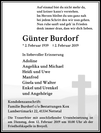 Traueranzeige von Günter Burdorf von trauer.extra-tipp-moenchengladbach.de