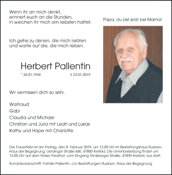 Traueranzeige von Herbert Pallentin von trauer.mein.krefeld.de