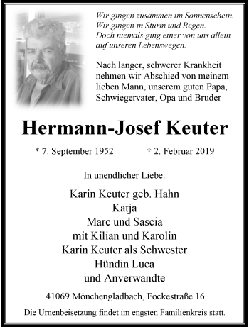 Traueranzeige von Hermann-Josef Keuter von trauer.extra-tipp-moenchengladbach.de