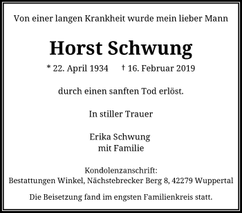 Traueranzeige von Horst Schwung von trauer.wuppertaler-rundschau.de