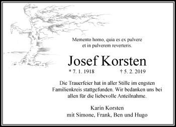 Traueranzeige von Josef Korsten von trauer.extra-tipp-moenchengladbach.de