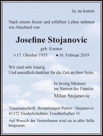 Traueranzeige von Josefine Stojanovic von trauer.extra-tipp-moenchengladbach.de