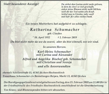 Traueranzeige von Katharina Schumacher von trauer.stadt-kurier.de