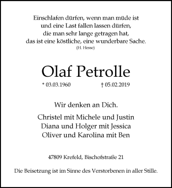 Traueranzeige von Olaf Petrolle von trauer.mein.krefeld.de