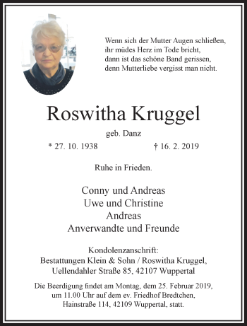 Traueranzeige von Roswitha Kruggel von trauer.wuppertaler-rundschau.de