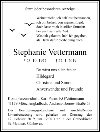 Traueranzeige von Stephanie Vettermann von trauer.extra-tipp-moenchengladbach.de