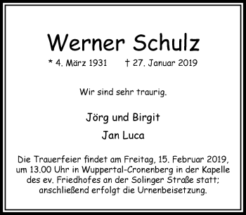 Traueranzeige von Werner Schulz von trauer.wuppertaler-rundschau.de