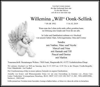 Traueranzeige von Willemina Oonk-Sellink von trauer.extra-tipp-moenchengladbach.de