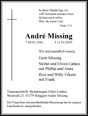 Traueranzeige von Andre Missing von trauer.extra-tipp-moenchengladbach.de