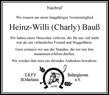 Traueranzeige von Heinz-Willi Bauß von trauer.extra-tipp-moenchengladbach.de