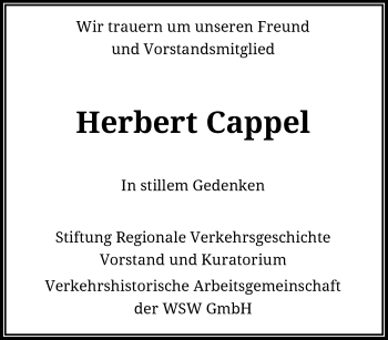 Traueranzeige von Herbert Cappel von trauer.wuppertaler-rundschau.de