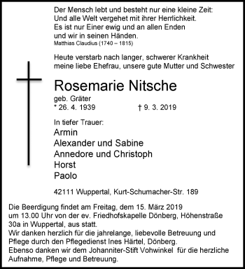 Traueranzeige von Rosemarie Nitsche von trauer.wuppertaler-rundschau.de