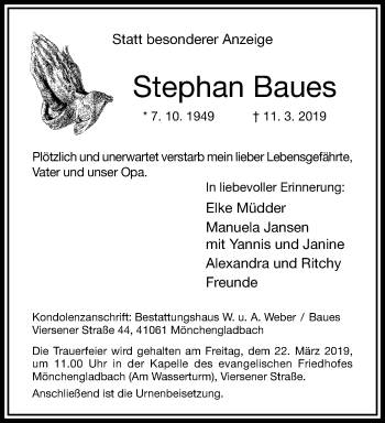 Traueranzeige von Stephan Baues von trauer.extra-tipp-moenchengladbach.de