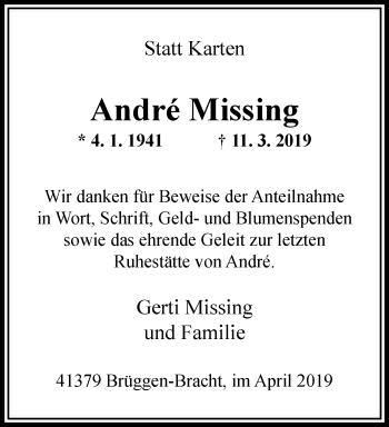 Traueranzeige von Andre Missing von trauer.extra-tipp-moenchengladbach.de