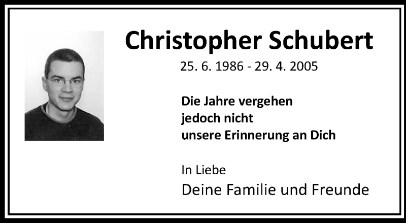  Traueranzeige für Christopher Schubert vom 28.04.2019 aus trauer.extra-tipp-moenchengladbach.de