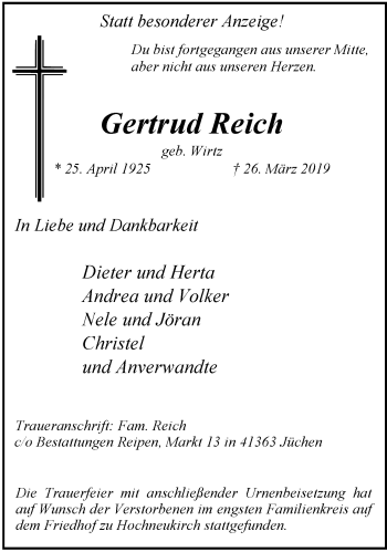 Traueranzeige von Gertrud Reich von trauer.stadt-kurier.de