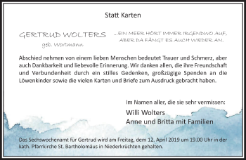 Traueranzeige von Gertrud Wolters von trauer.extra-tipp-moenchengladbach.de