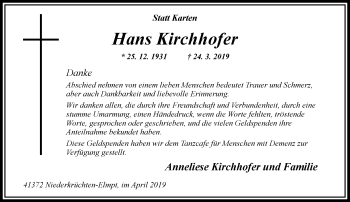 Traueranzeige von Hans Kirchhofer von trauer.extra-tipp-moenchengladbach.de