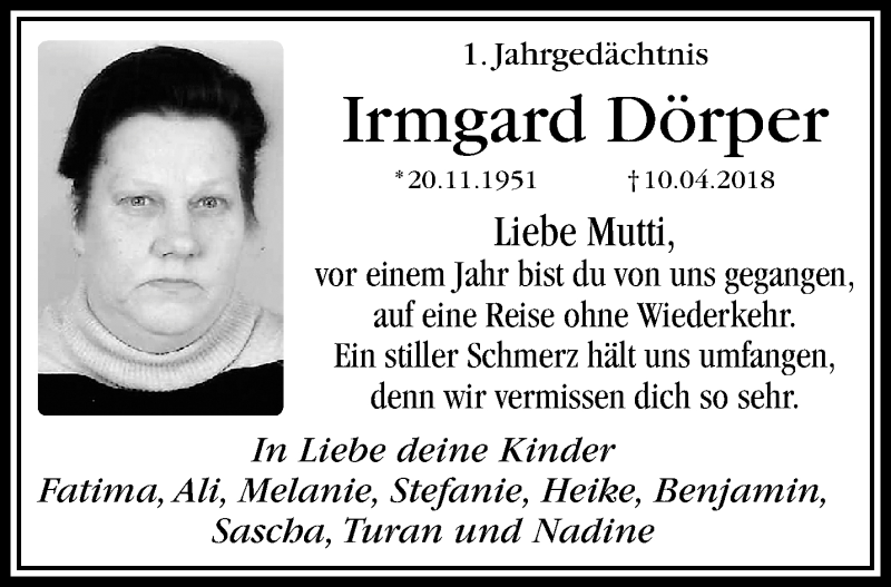  Traueranzeige für Irmgard Dörper vom 10.04.2019 aus trauer.mein.krefeld.de