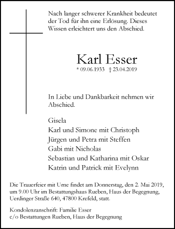 Traueranzeige von Karl Esser von trauer.mein.krefeld.de