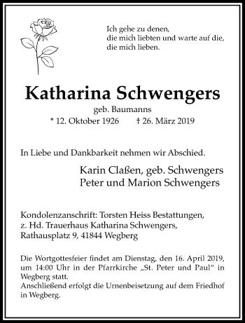 Traueranzeige von Katharina Schwengers von trauer.extra-tipp-moenchengladbach.de