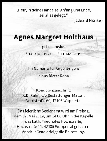 Traueranzeige von Agnes Margret Holthaus von trauer.wuppertaler-rundschau.de