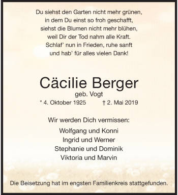 Traueranzeige von Cäcilie Berger von trauer.stadt-panorame.de