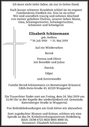 Traueranzeige von Elisabeth Schünemann von trauer.wuppertaler-rundschau.de