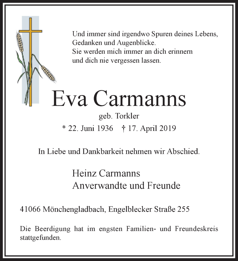  Traueranzeige für Eva Carmanns vom 05.05.2019 aus trauer.extra-tipp-moenchengladbach.de