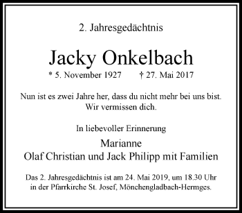 Traueranzeige von Jacky Onkelbach von trauer.extra-tipp-moenchengladbach.de