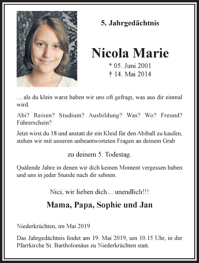  Traueranzeige für Nicola Marie  vom 12.05.2019 aus trauer.extra-tipp-moenchengladbach.de