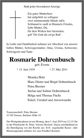 Traueranzeige von Rosmarie Dohrenbusch von trauer.extra-tipp-moenchengladbach.de
