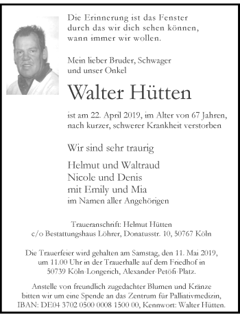 Traueranzeige von Walter Hütten von trauer.extra-tipp-moenchengladbach.de