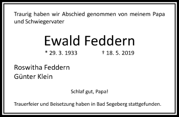 Traueranzeige von Ewald Feddern von trauer.wuppertaler-rundschau.de