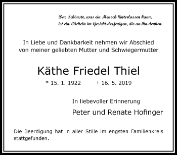 Traueranzeige von Käthe Friedel Thiel von trauer.extra-tipp-moenchengladbach.de
