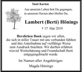 Traueranzeige von Lambert Hönings von trauer.extra-tipp-moenchengladbach.de