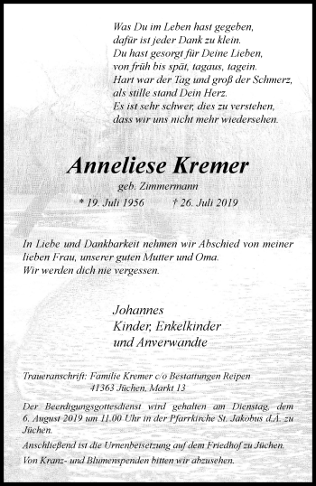 Traueranzeige von Anneliese Kremer von trauer.stadt-kurier.de